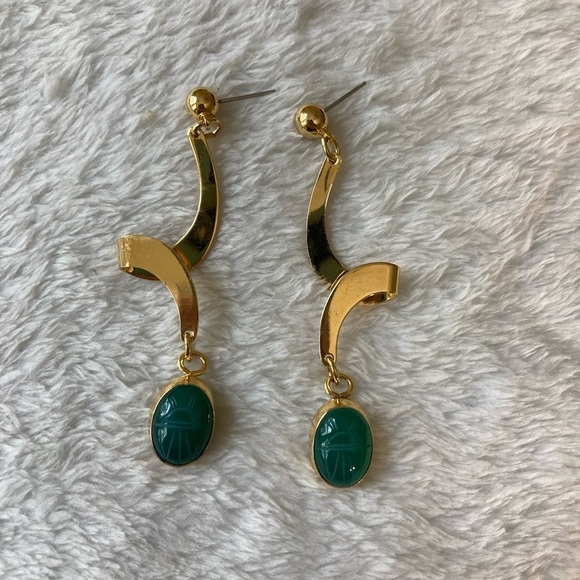 Green Vintage Scarab Glass Dangle Earrings - Picture 3 of 5